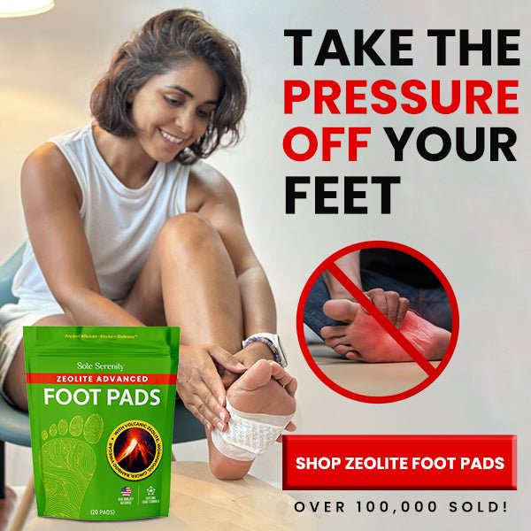 Lure Essentials advanced zeolite detox foot pads applied to soles in a close-up shot for cleansing and detoxification.