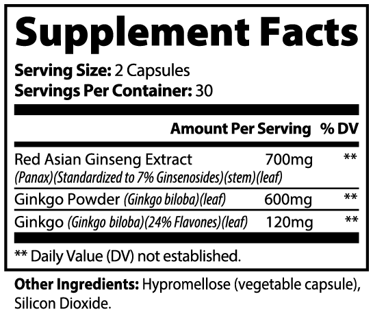 Bottle of Vitalidad Natural Ginkgo Biloba and Asian Ginseng herbal supplement capsules for boosting mental clarity and energy.
