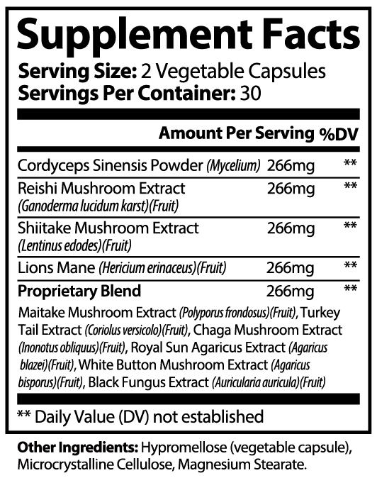 Vitalidad Natural 8 Mushroom Blend supplement capsules featuring Lion’s Mane, Reishi, Chaga, and Cordyceps for immune support.