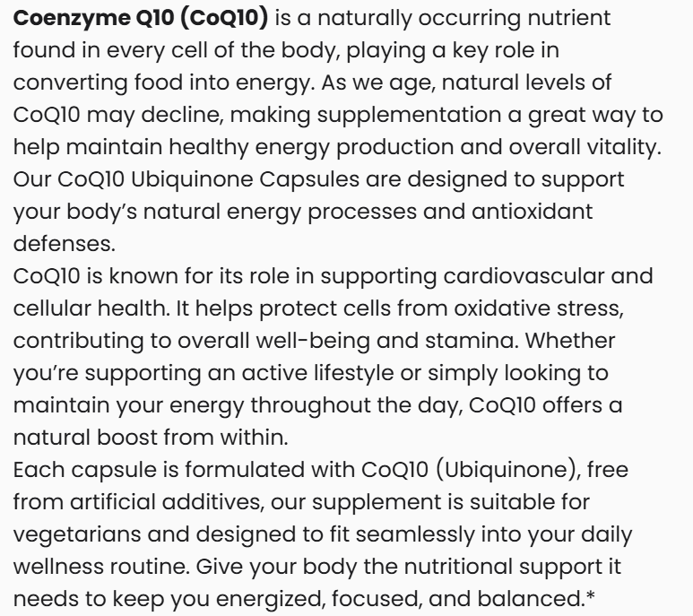 Vitalidad Natural CoQ10 Ubiquinone supplement bottle, antioxidant support for post-workout recovery and daily wellness.