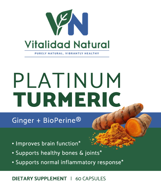 Vitalidad Natural Platinum Turmeric supplement bottle with label, showcasing health and beauty vitamins and supplements.