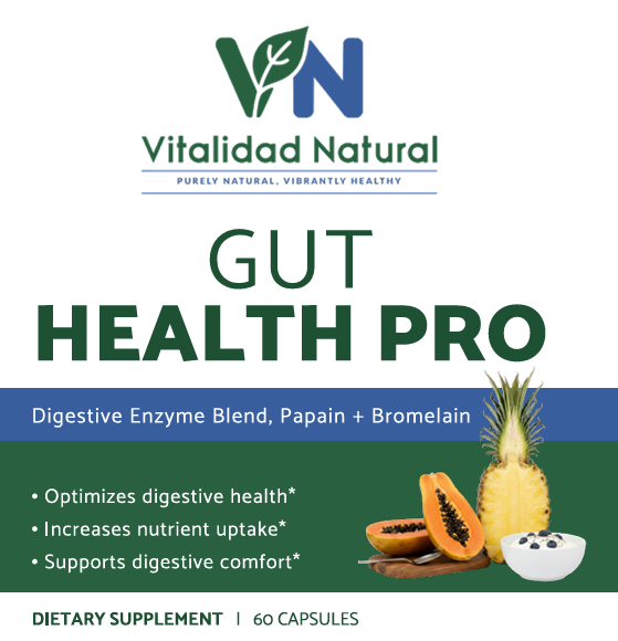 Vitalidad Natural Digestive Enzyme Pro Blend supplement bottle showing multi-enzyme digestive support capsules and label.
