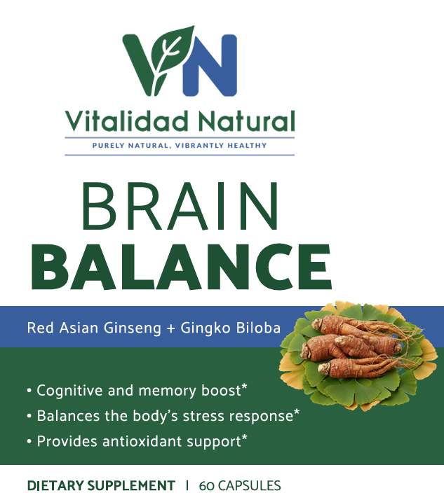 Vitalidad Natural Ginkgo Biloba and Asian Ginseng supplement capsules, herbal vitamins and botanical supplement in a bottle.