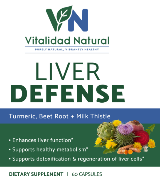 Vitalidad Natural Liver Wellness Support supplement capsules with turmeric, milk thistle, and herbal botanicals for digestive health.