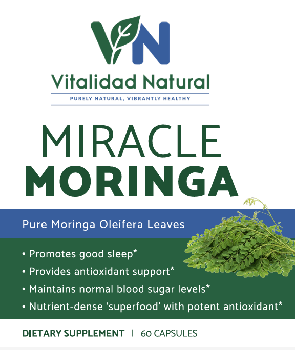 Vitalidad Natural Moringa Pure supplement bottle with green label and cap, showcasing the herbal health product in a natural setting.