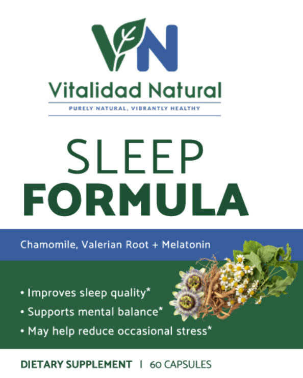 Vitalidad Natural Sleep Wellness Formula capsules with valerian, chamomile, GABA, and melatonin for sleep and relaxation.
