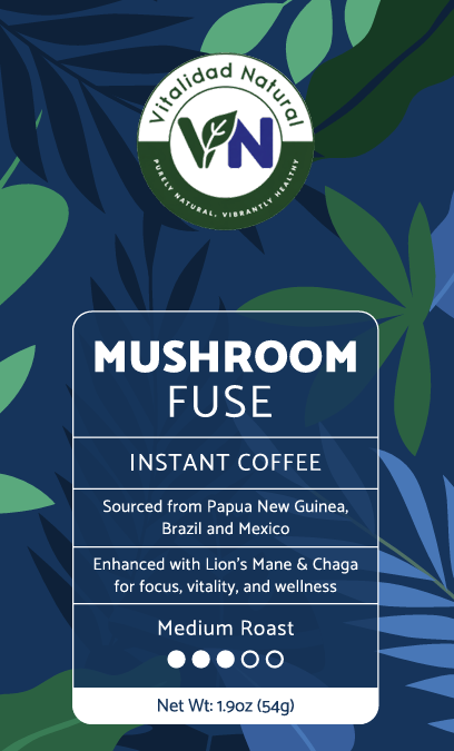 Vitalidad Natural Mushroom Fuse Instant Coffee in medium roast, showing a jar of instant coffee powder on a wooden surface.