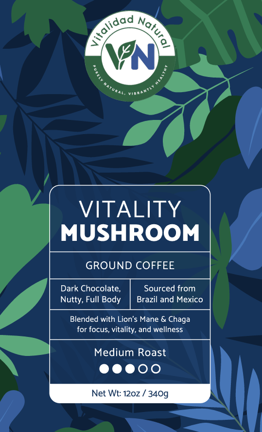 Vitality Mushroom Coffee by Vitalidad Natural, medium roast with mushrooms, in a coffee cup on a wooden surface.