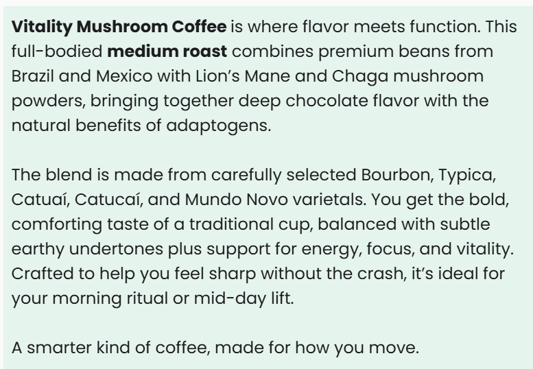 Vitality Mushroom Coffee by Vitalidad Natural in medium roast, featuring a brewing cup with mushrooms and coffee beans.
