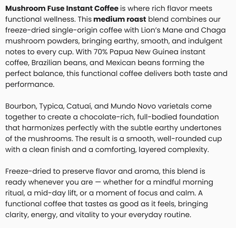 Vitalidad Natural Mushroom Fuse Instant Coffee in medium roast, showing the coffee package with branding and product details.