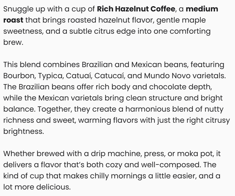 Vitalidad Natural Rich Hazelnut Coffee medium roast in a coffee cup, showcasing the flavorful beverage and aromatic hazelnut notes.