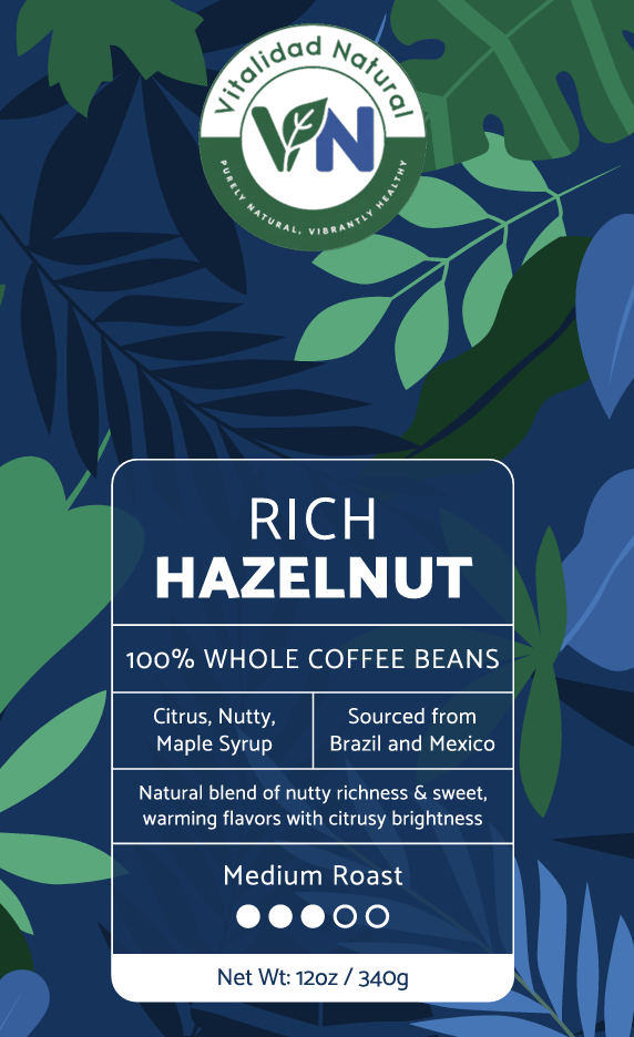 Rich Hazelnut Coffee by Vitalidad Natural, medium roast in a coffee bag with a label showing hazelnuts and brewing instructions.