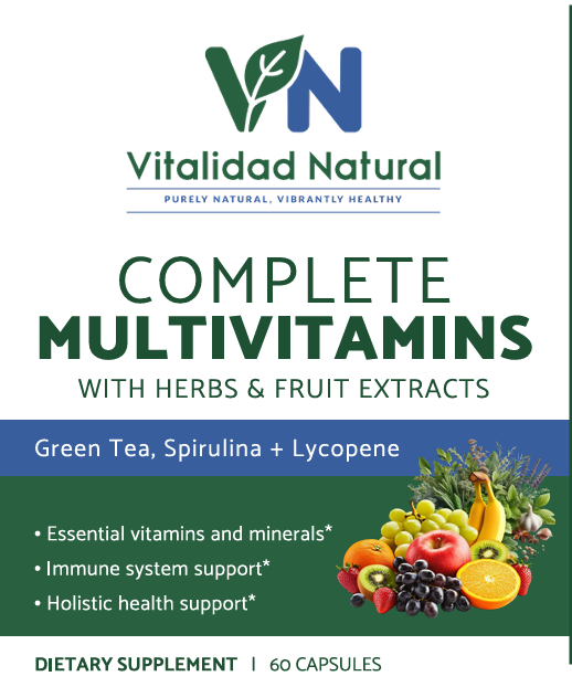 Vitalidad Natural multivitamin supplement capsules with vitamins, minerals, and botanical blend for overall health support.