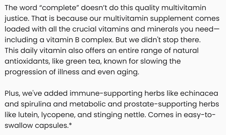 Vitalidad Natural complete multivitamin supplement capsules with vitamins, minerals, and botanical blend for overall health.