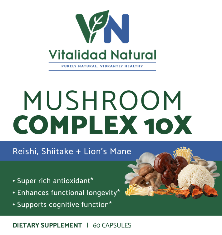 Vitalidad Natural 8 Mushroom Blend supplement capsules featuring Lion’s Mane, Reishi, Chaga, and Cordyceps mushrooms for health.