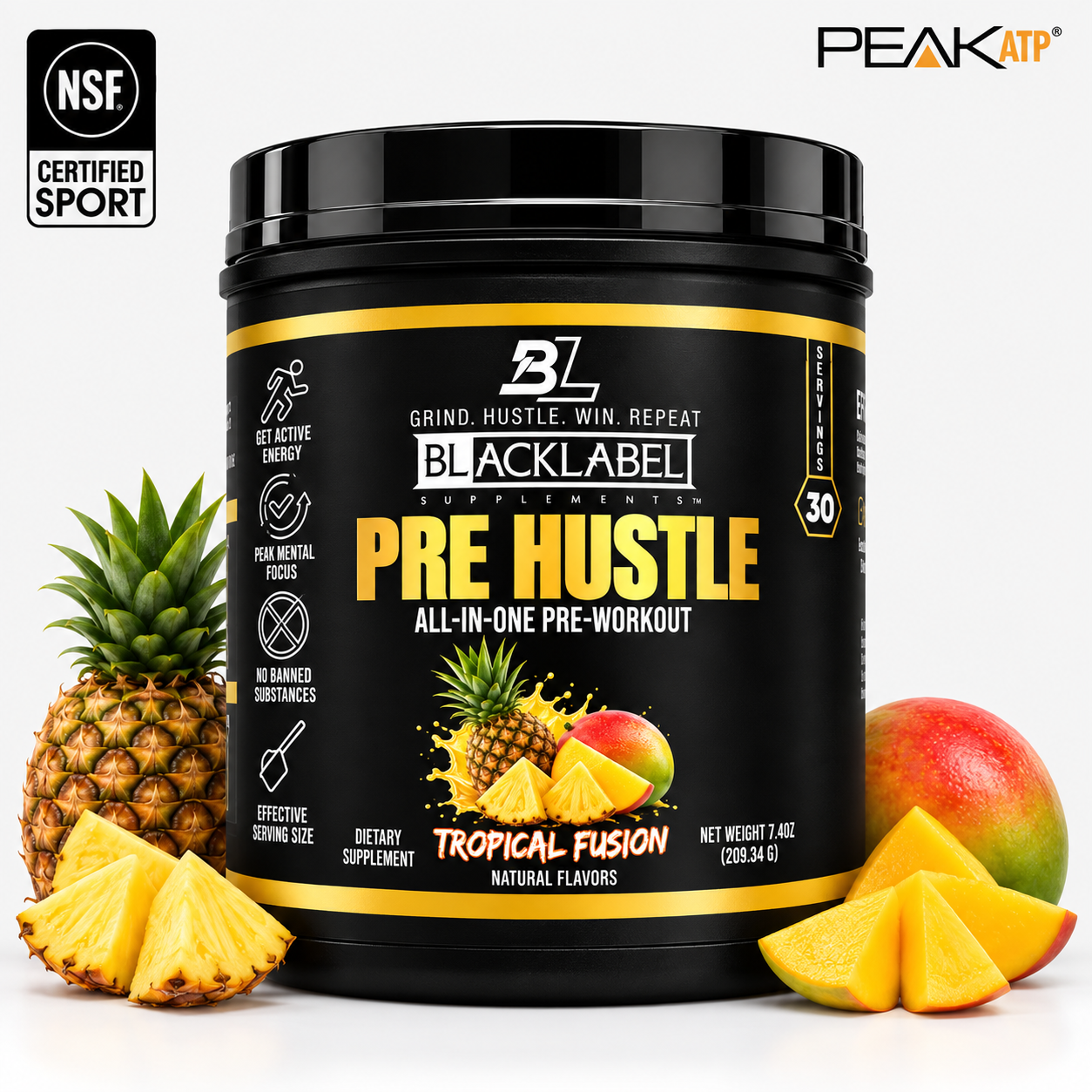 BlackLabel Supplements PRE HUSTLE V3 pre-workout powder in a colorful container, ready for gym use.