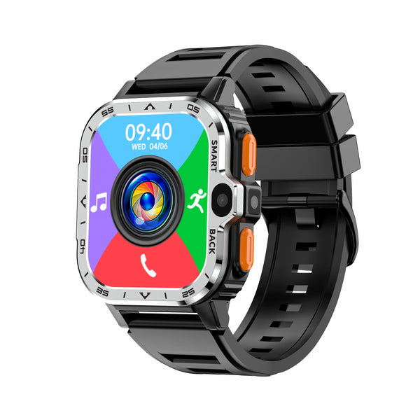 V.I.P Digital Presence AP8 smart watch with 4G, dual HD cameras, Wi-Fi, health monitoring, and 2+16GB storage in a sleek design.