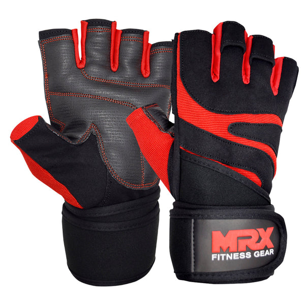 MRX weight lifting gloves with black and red leather design, featuring wrist straps for gym workout and bodybuilding training.