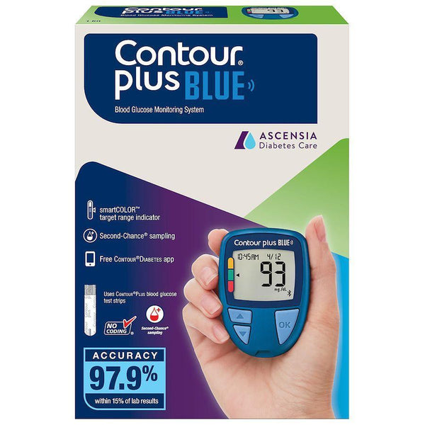 Contour® Plus Blue blood glucose monitor from Pasteur Pharmacy, digital system for blood sugar testing with display screen.