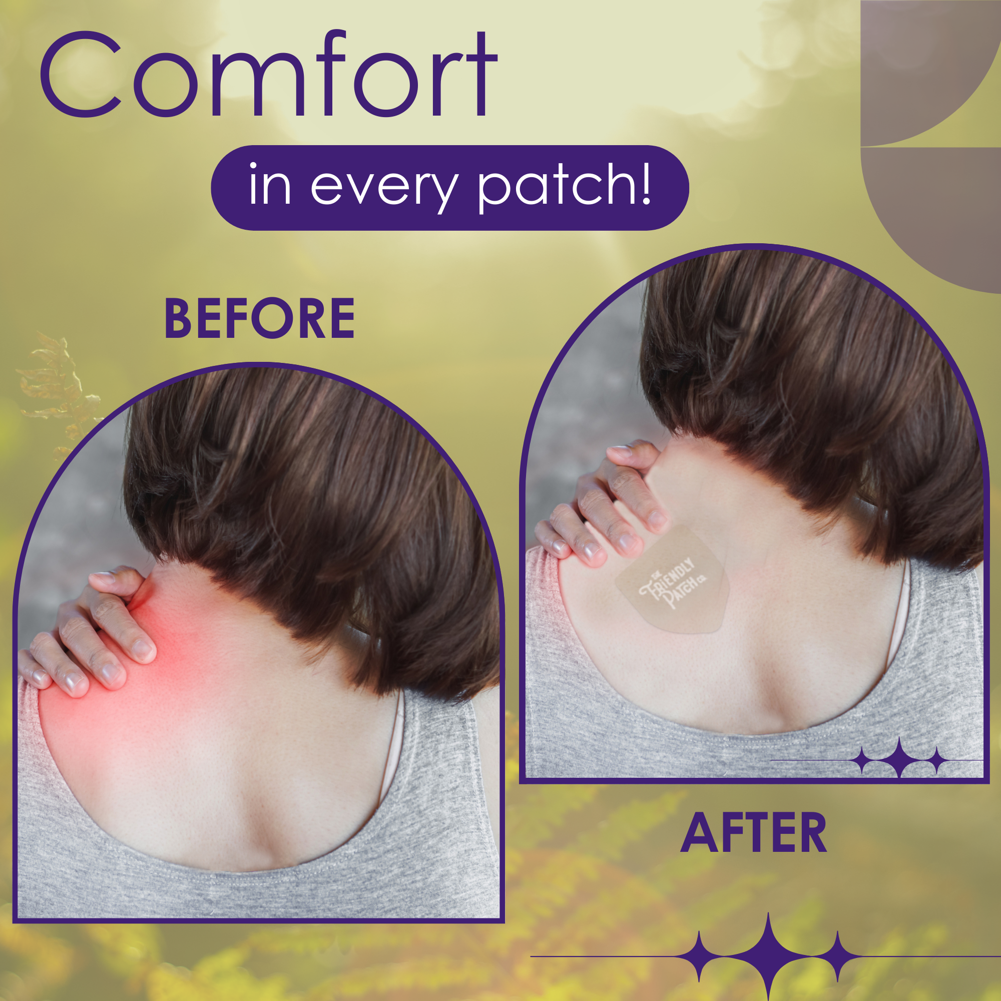 Relief Day Pain Patches by Friendly Patch Co with arnica and willow bark, showing 2 patches on skin for day pain relief.