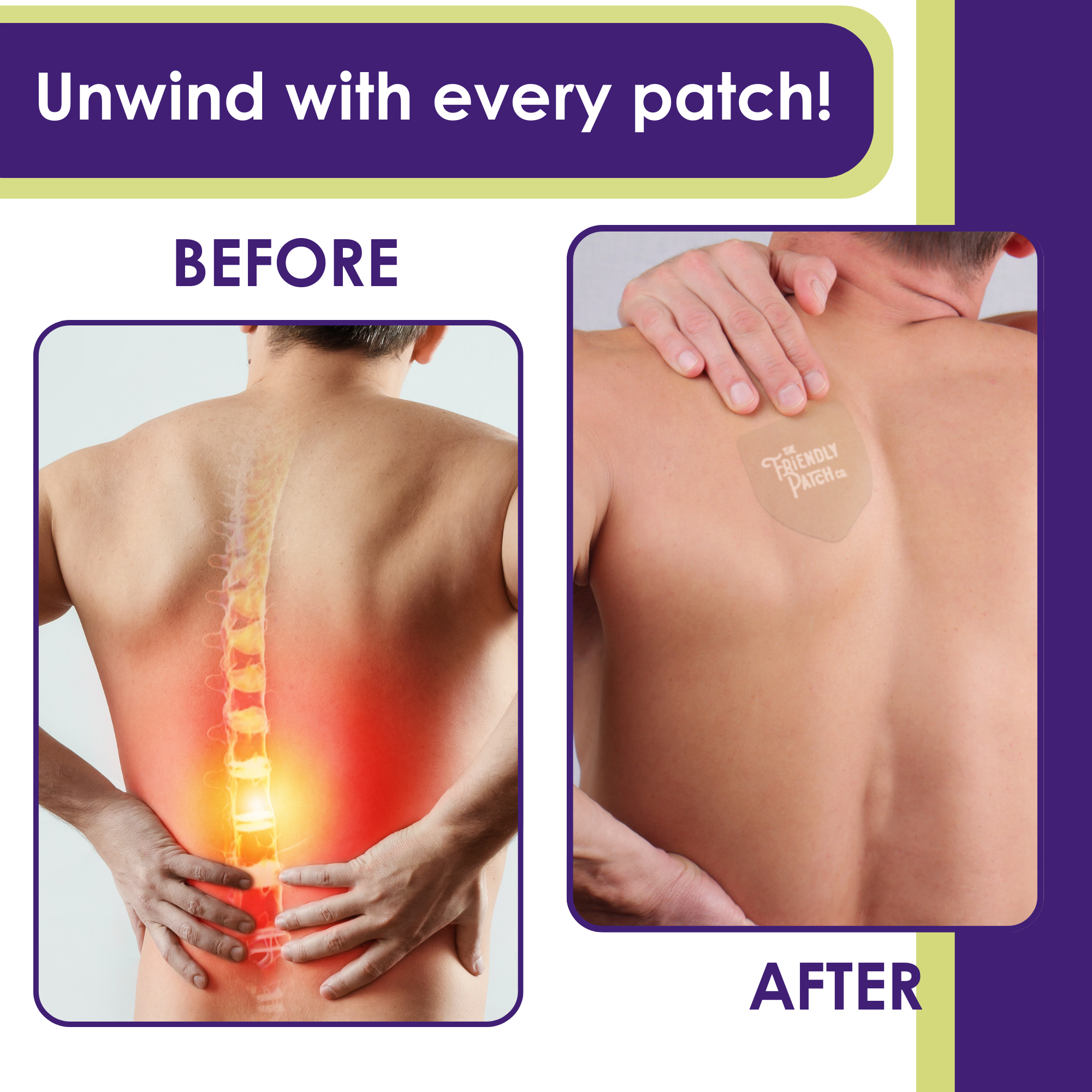 Friendly Patch Co night wellness pain patch, plant-based topical patch for nighttime relief, shown on skin in the image.