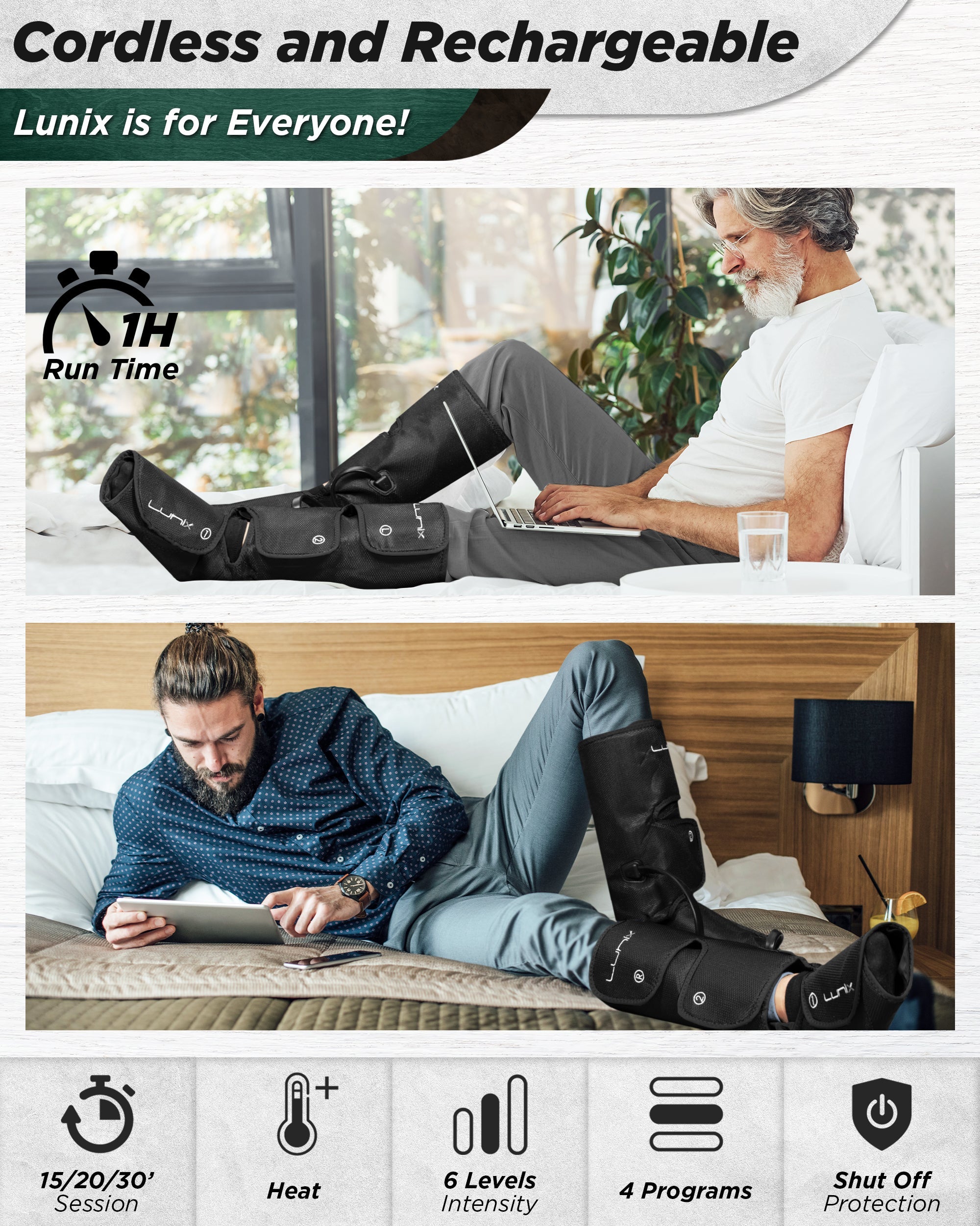 Lunix LX1 foot and calf compression massager in charcoal black, showing the device with adjustable straps and air chambers.