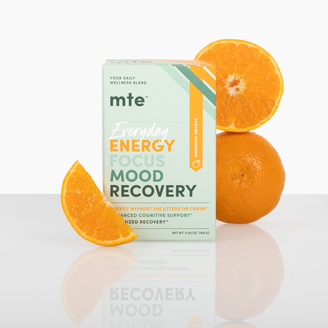 GetMTE More Than Energy powder in a container, showing the packaging and label with vibrant design and branding.