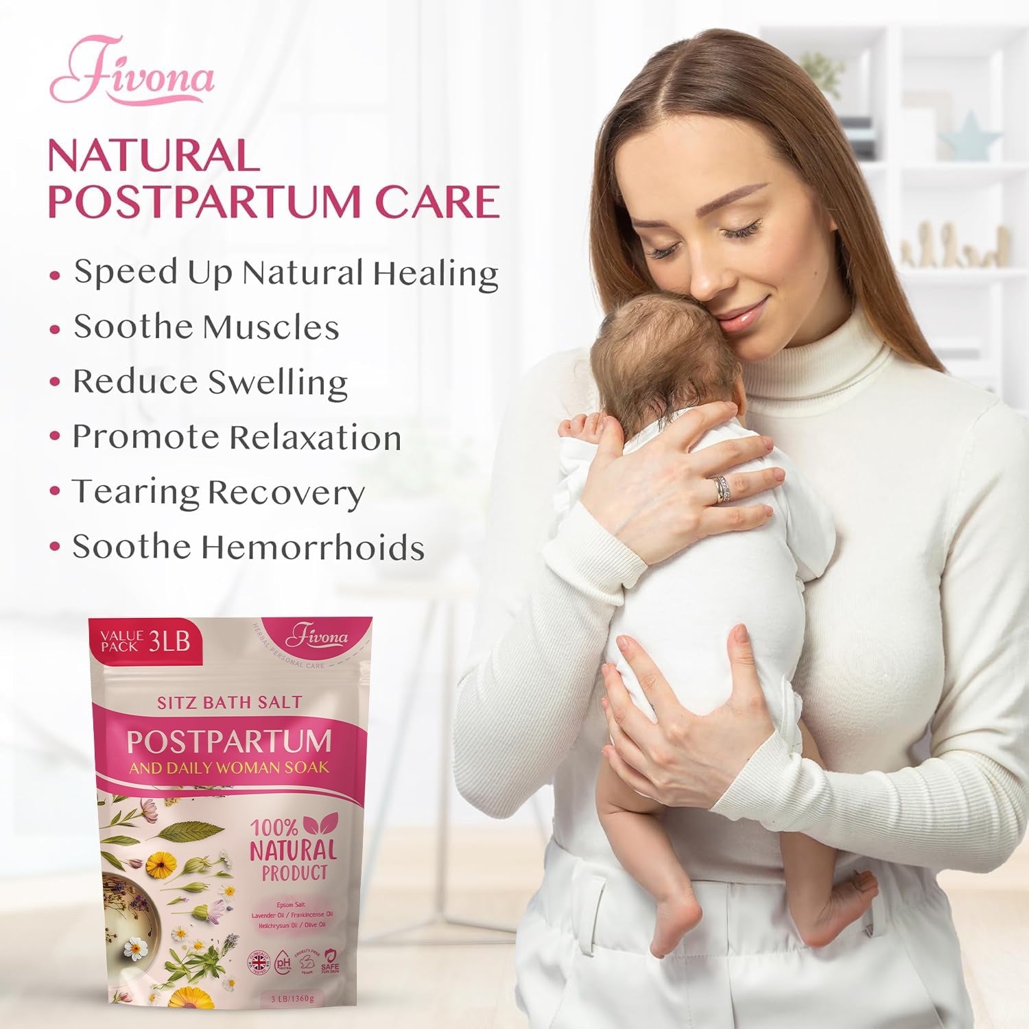 Fivona Postpartum Sitz Bath Soak Blend in a 48oz jar, showing the herbal blend for postpartum soothing and comfort.