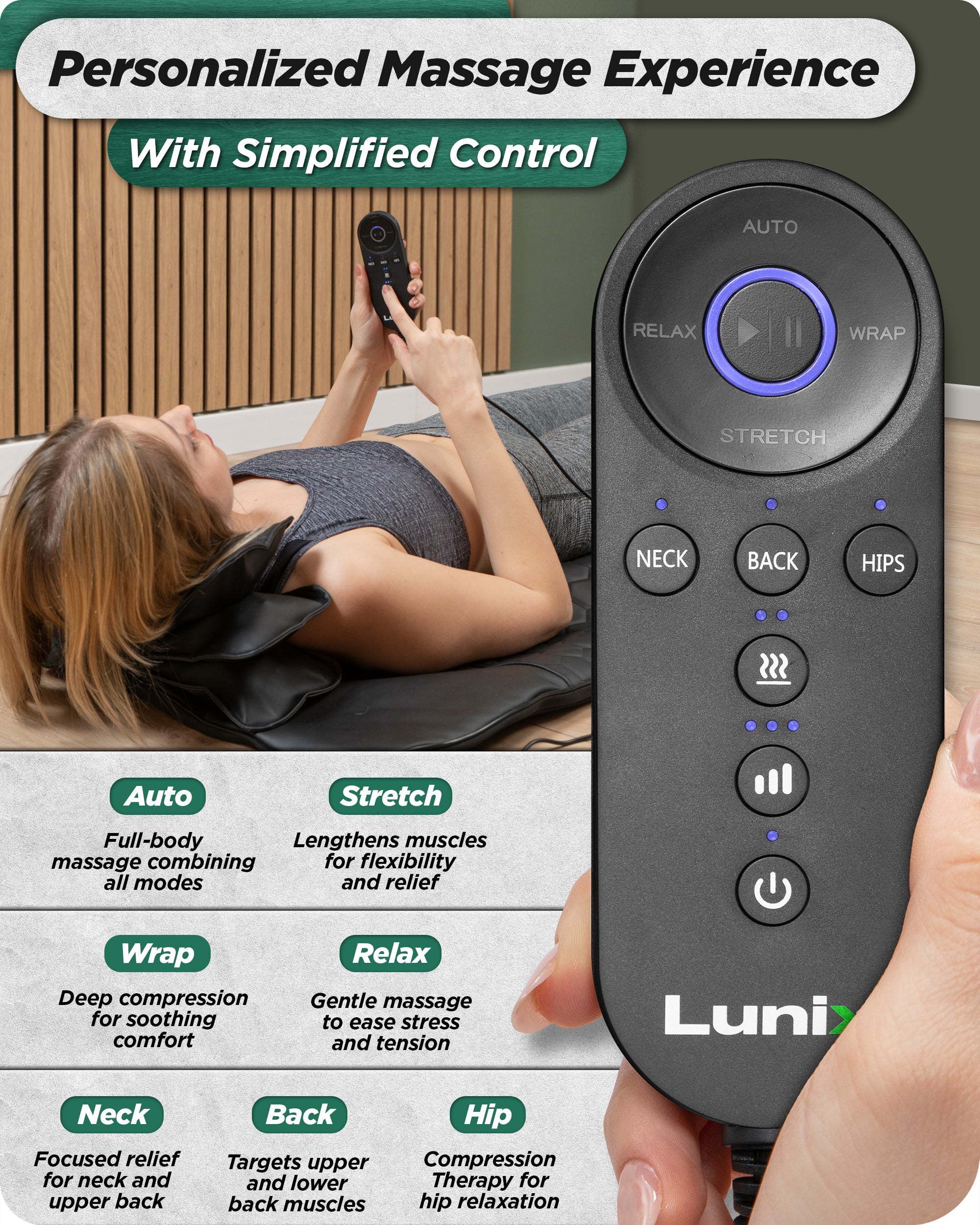 Lunix LX27 Stretching Mat Massager in charcoal black, designed for health and relaxation therapy.