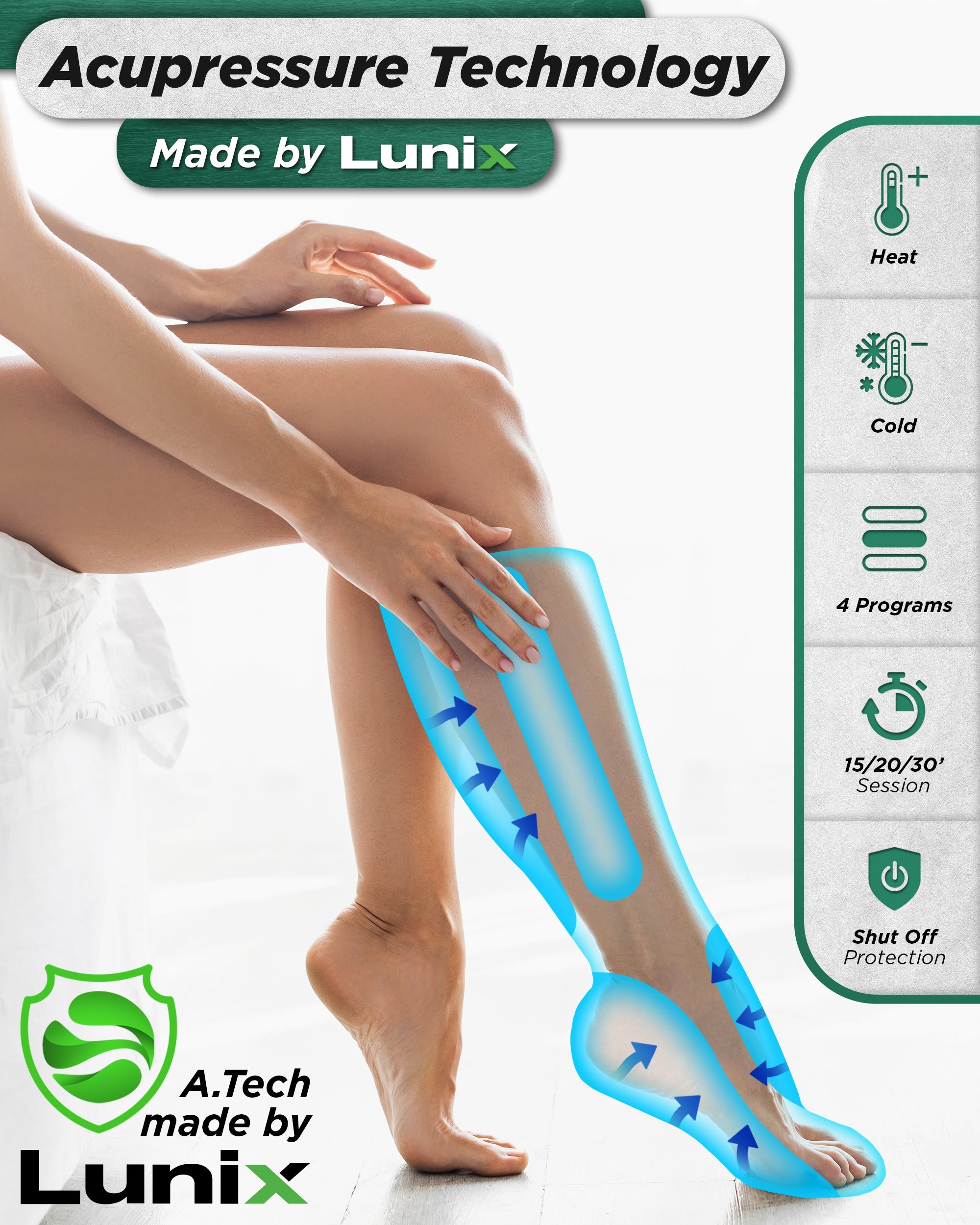 Lunix LX1 Foot and Calf Compression Massager in charcoal black with adjustable straps and control panel.