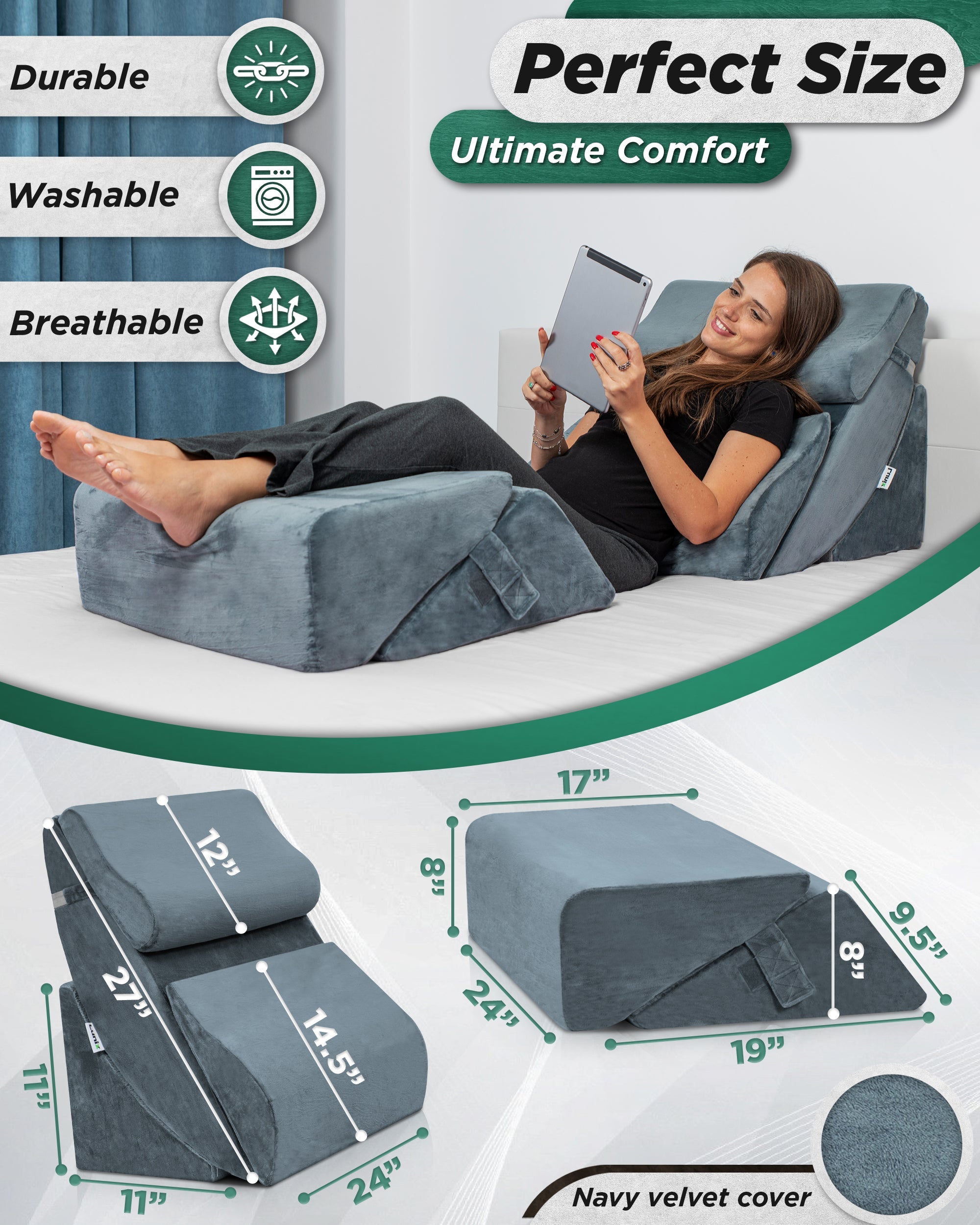 Lunix LX13 6-piece bed wedge pillow set with adjustable support cushions for leg and body positioning on a bed.