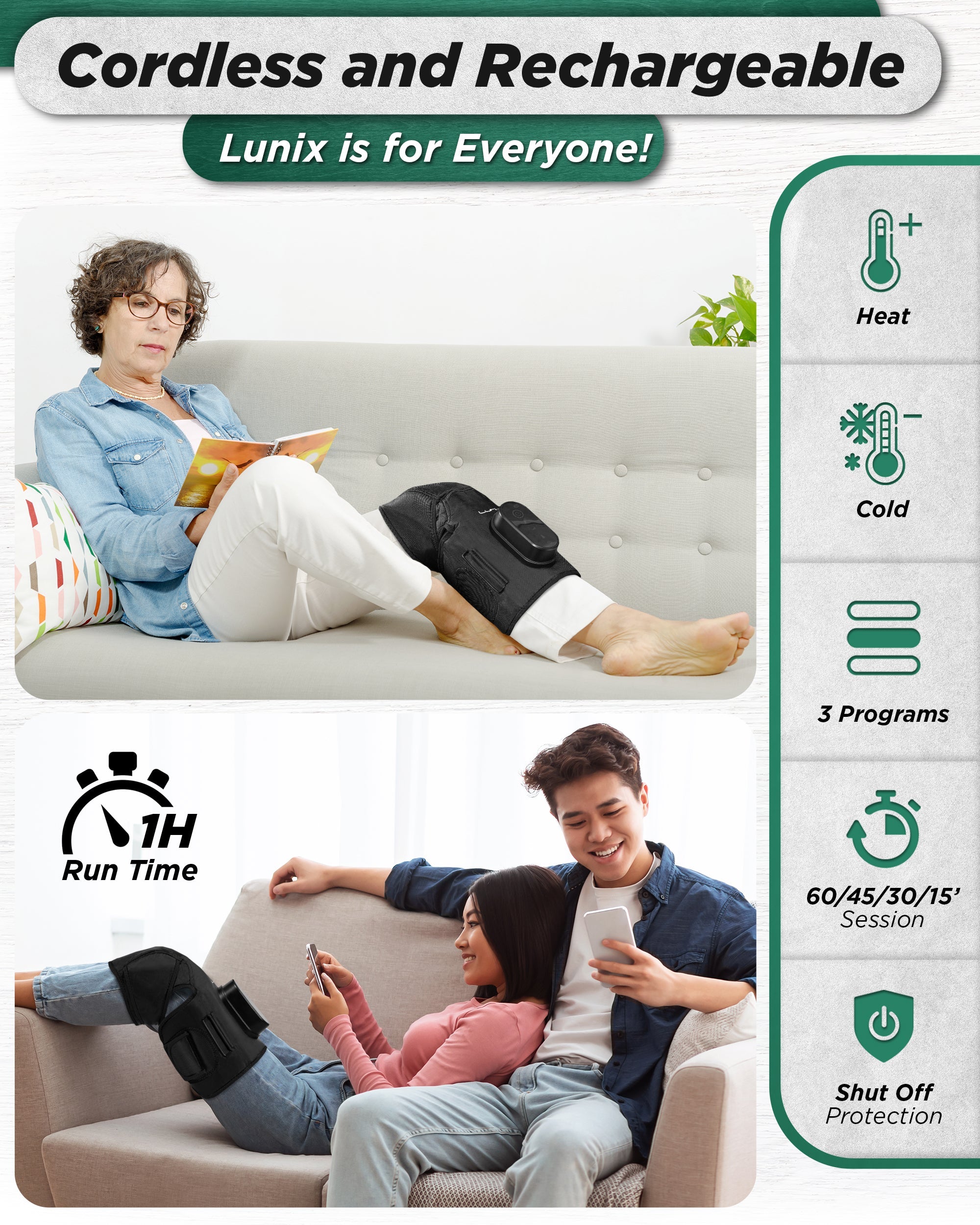 Lunix LX4 Knee Massager in charcoal black showing a close-up of the heated, cushioned knee wrap with control buttons.