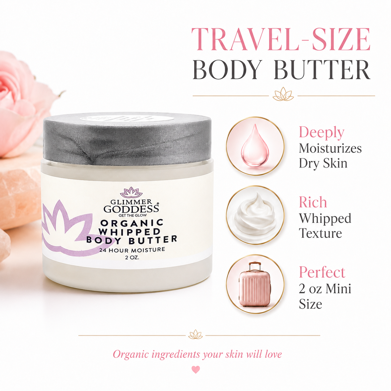 Organic Whipped Body Butter 2 oz – Mini Travel Size for Dry Skin & Eczema