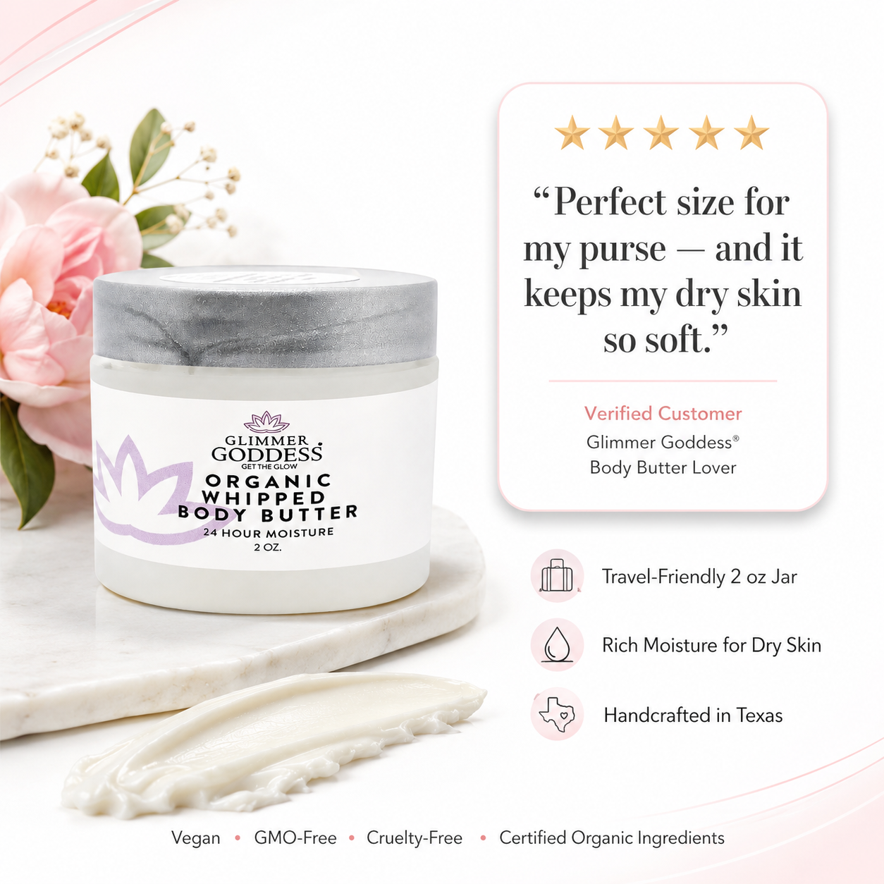 Organic Whipped Body Butter 2 oz – Mini Travel Size for Dry Skin & Eczema