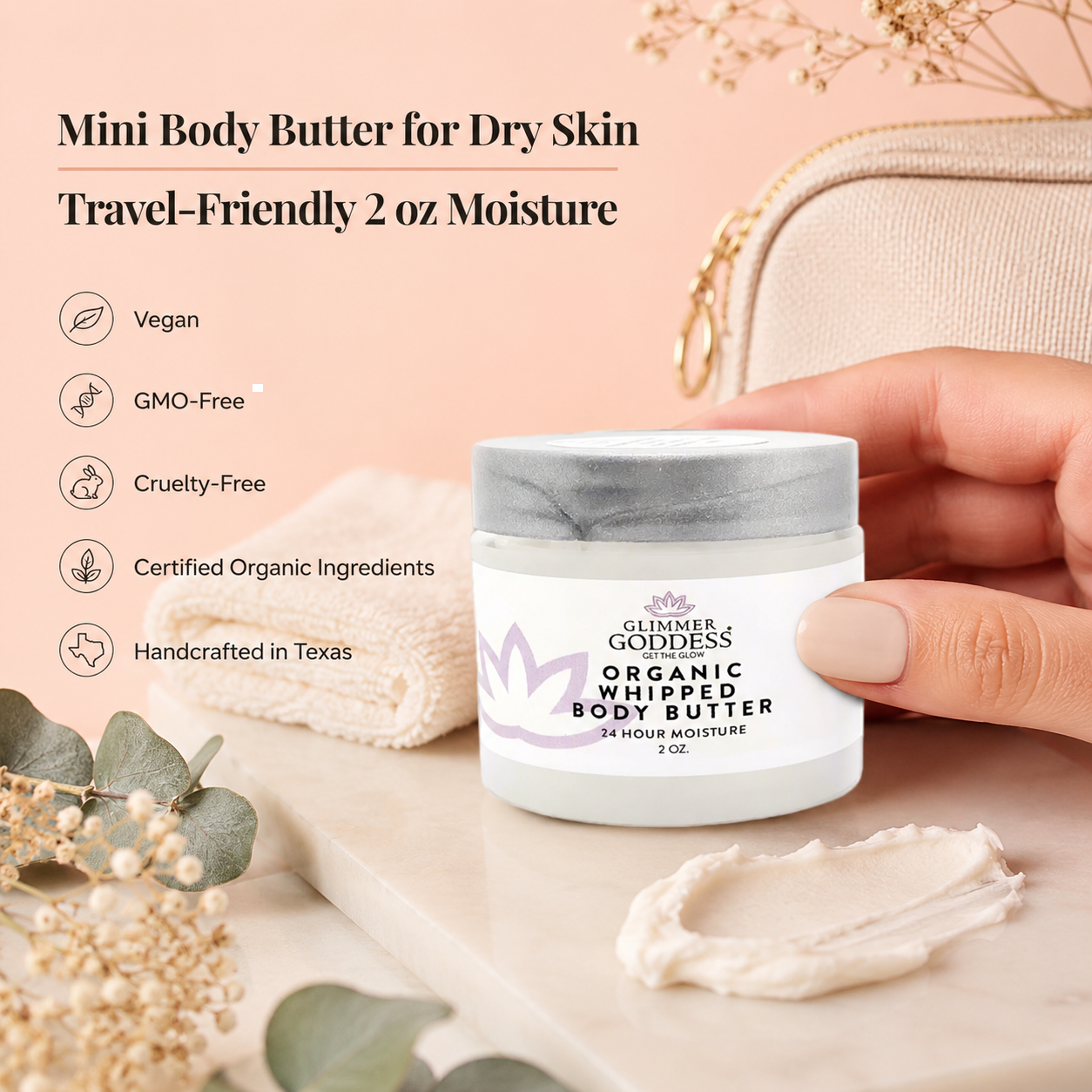 Organic Whipped Body Butter 2 oz – Mini Travel Size for Dry Skin & Eczema