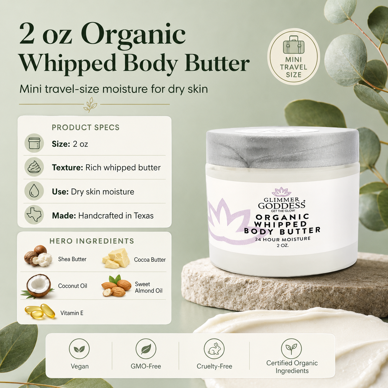 Organic Whipped Body Butter 2 oz – Mini Travel Size for Dry Skin & Eczema