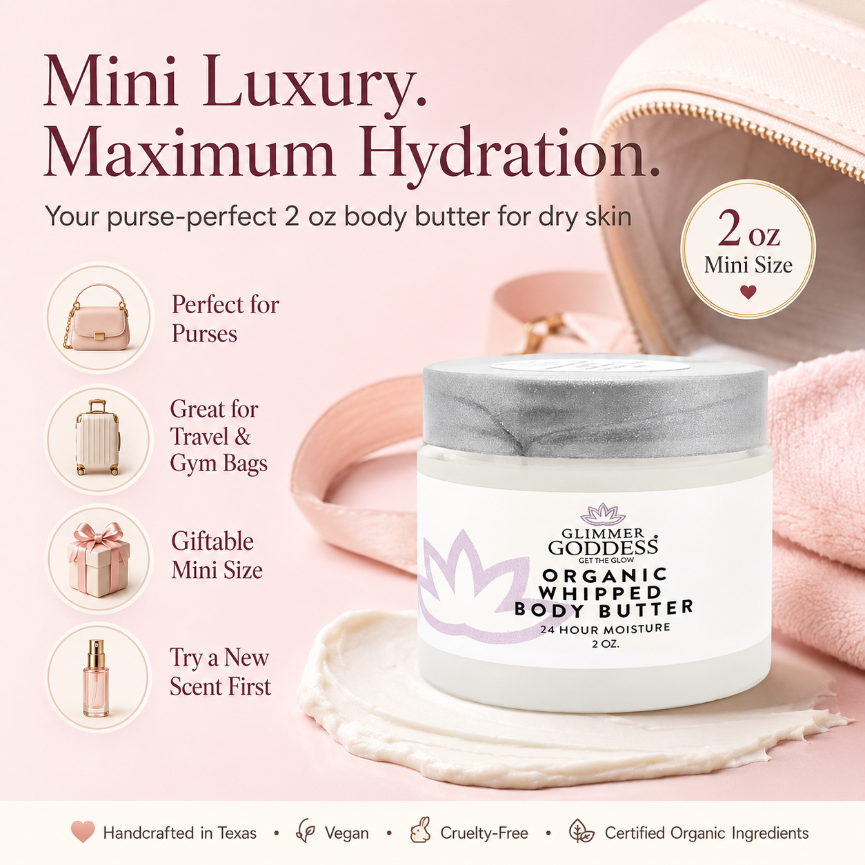 Organic Whipped Body Butter 2 oz – Mini Travel Size for Dry Skin & Eczema