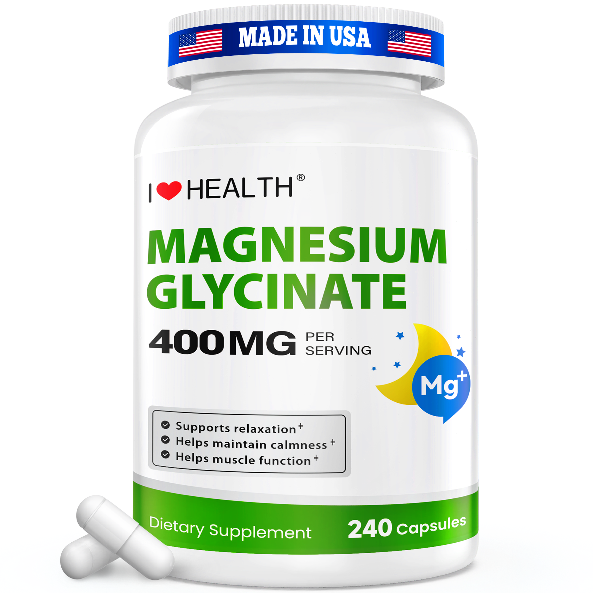 Two bottles of I Love Health Store Magnesium Glycinate capsules, high absorption magnesium supplement, gentle on stomach, made in USA.