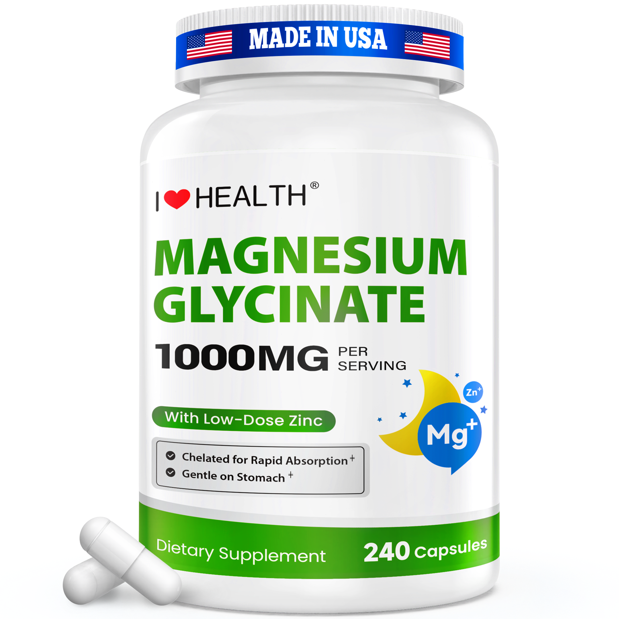 Bottle of I Love Health Store Magnesium Glycinate capsules, high absorption magnesium supplement, gentle on stomach, made in USA
