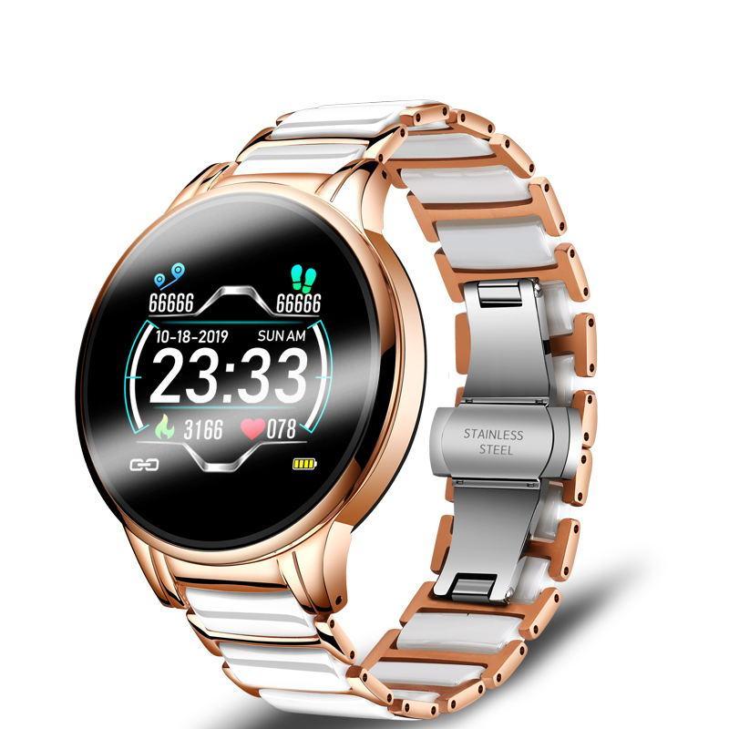 Stevvex ceramic smart fitness watch for women with steel belt, heart rate and blood pressure monitor, compatible with Android and iOS.