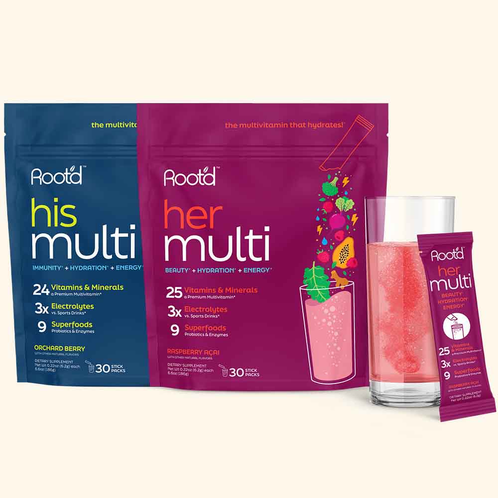 Couples’ wellness pack featuring Root'd hydrating multivitamins for her and him, showing two bottles with colorful labels.