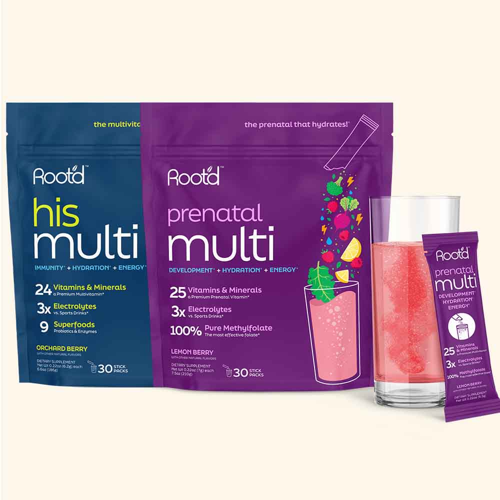 Root'd Growing Together Bundle with two prenatal multivitamin bottles designed for future moms and dads, focusing on hydration and health.