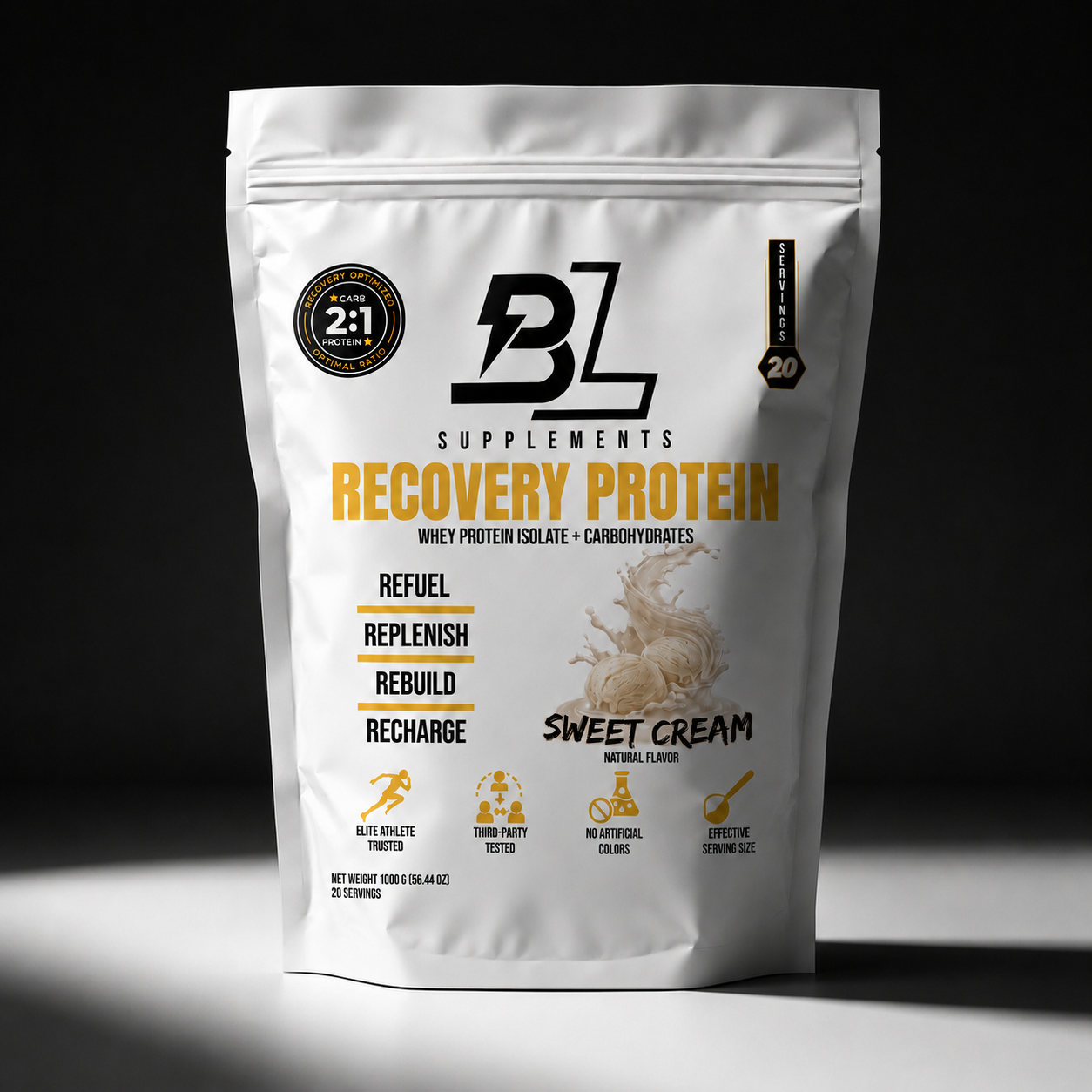 BlackLabel Supplements Recovery Protein container with scoop, showing the product label and nutritional information.
