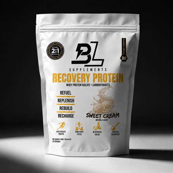 BlackLabel Supplements Recovery Protein container with scoop, showing the product label and nutritional information.