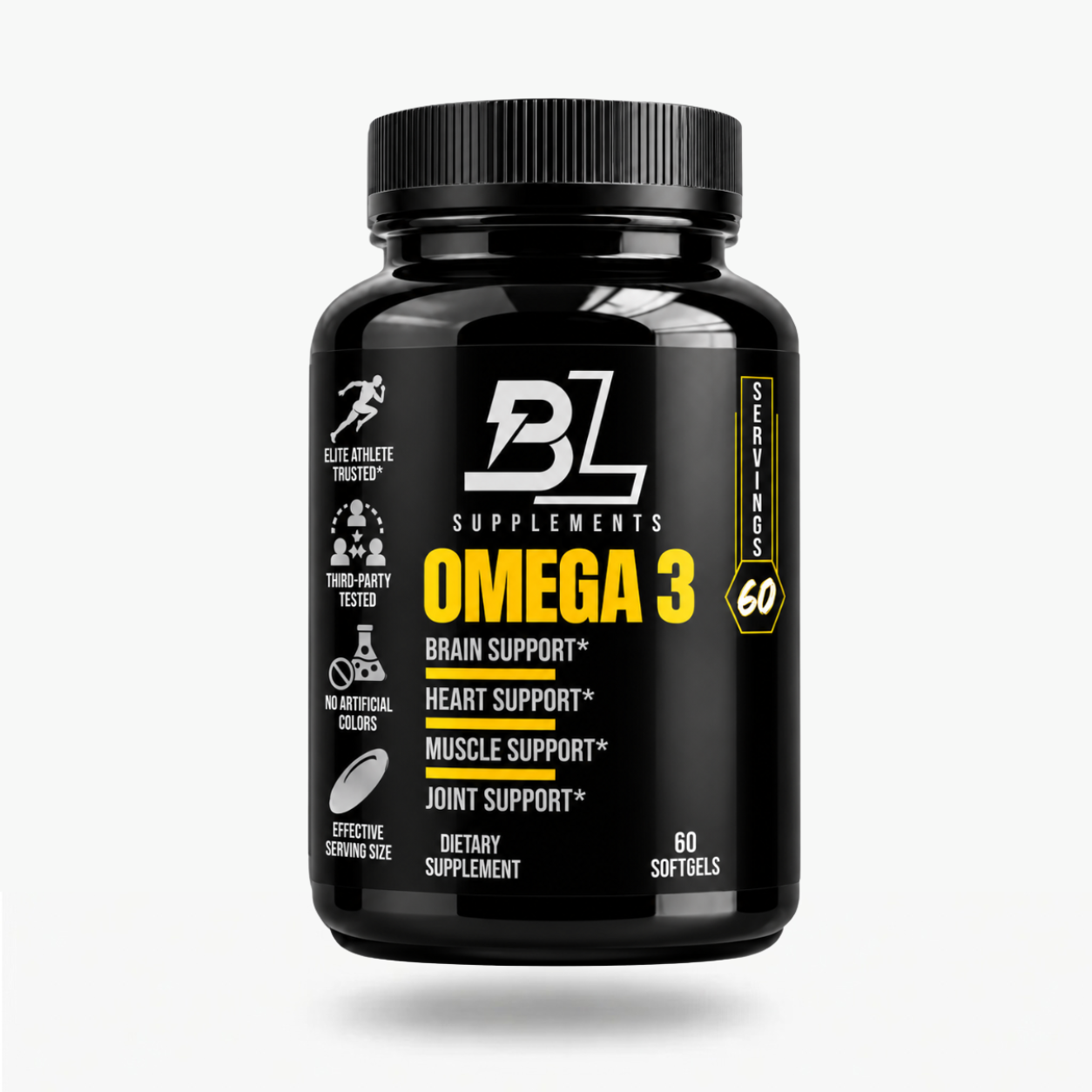 BlackLabel Supplements Omega 3 fish oil capsules in a clear bottle with a blue label, showcasing the supplement's packaging.