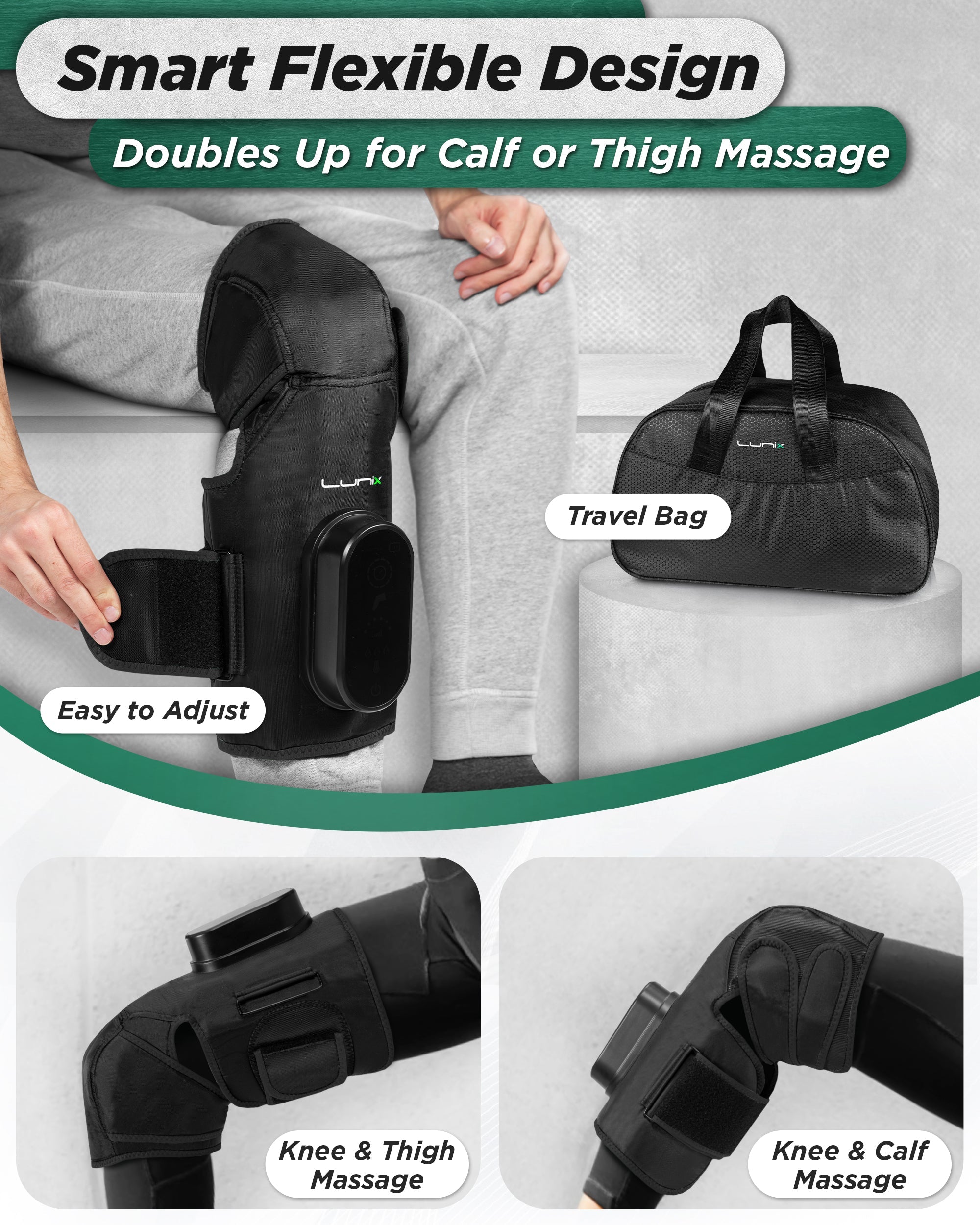 Lunix LX4 Knee Massager in charcoal black, showing a close-up of the sleek, ergonomic design for pain relief and comfort.