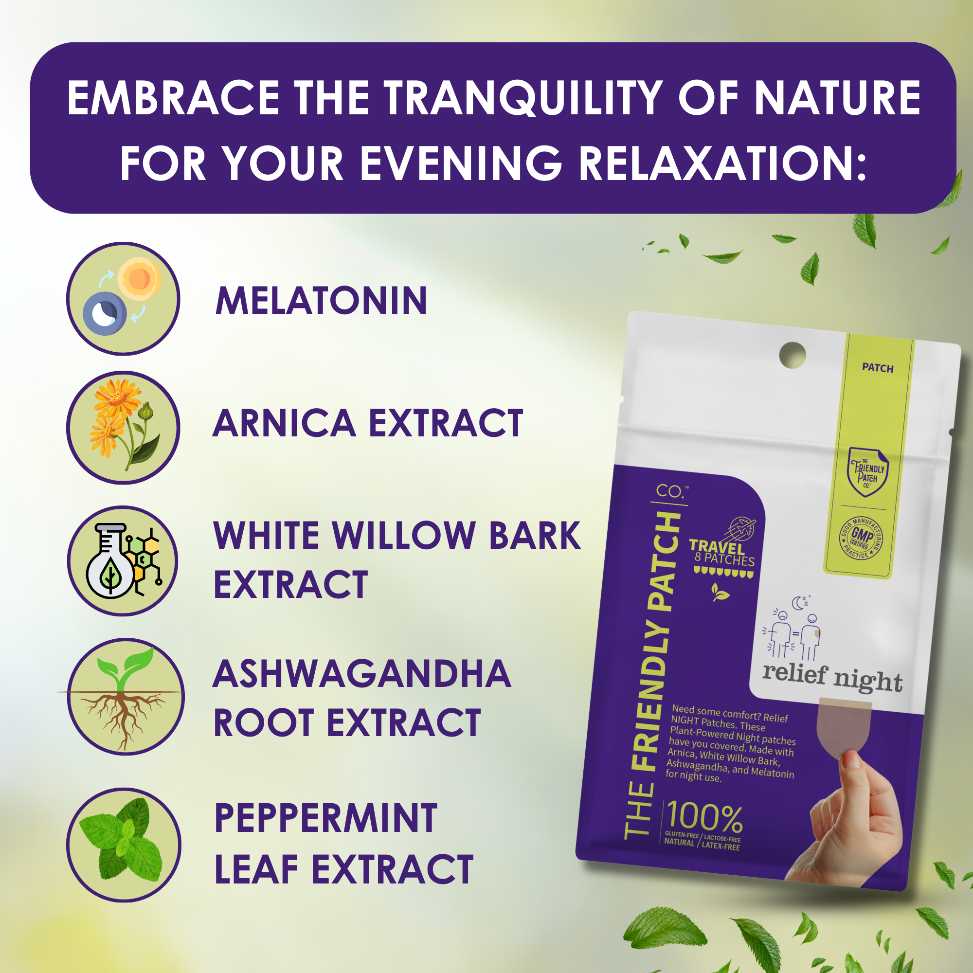 Friendly Patch Co Night Wellness Pain Patch with plant-based ingredients for nighttime relief and relaxation.