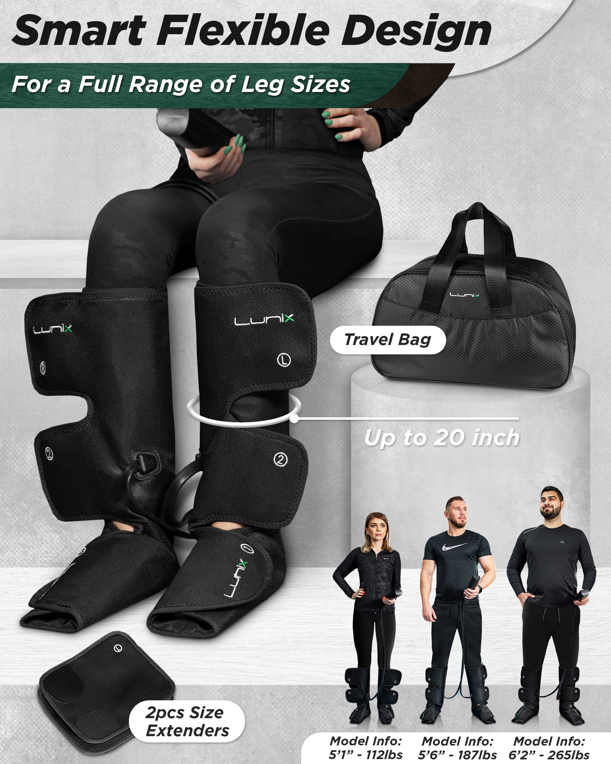Lunix LX1 foot and calf compression massager in charcoal black, showing the device with adjustable straps and control panel.