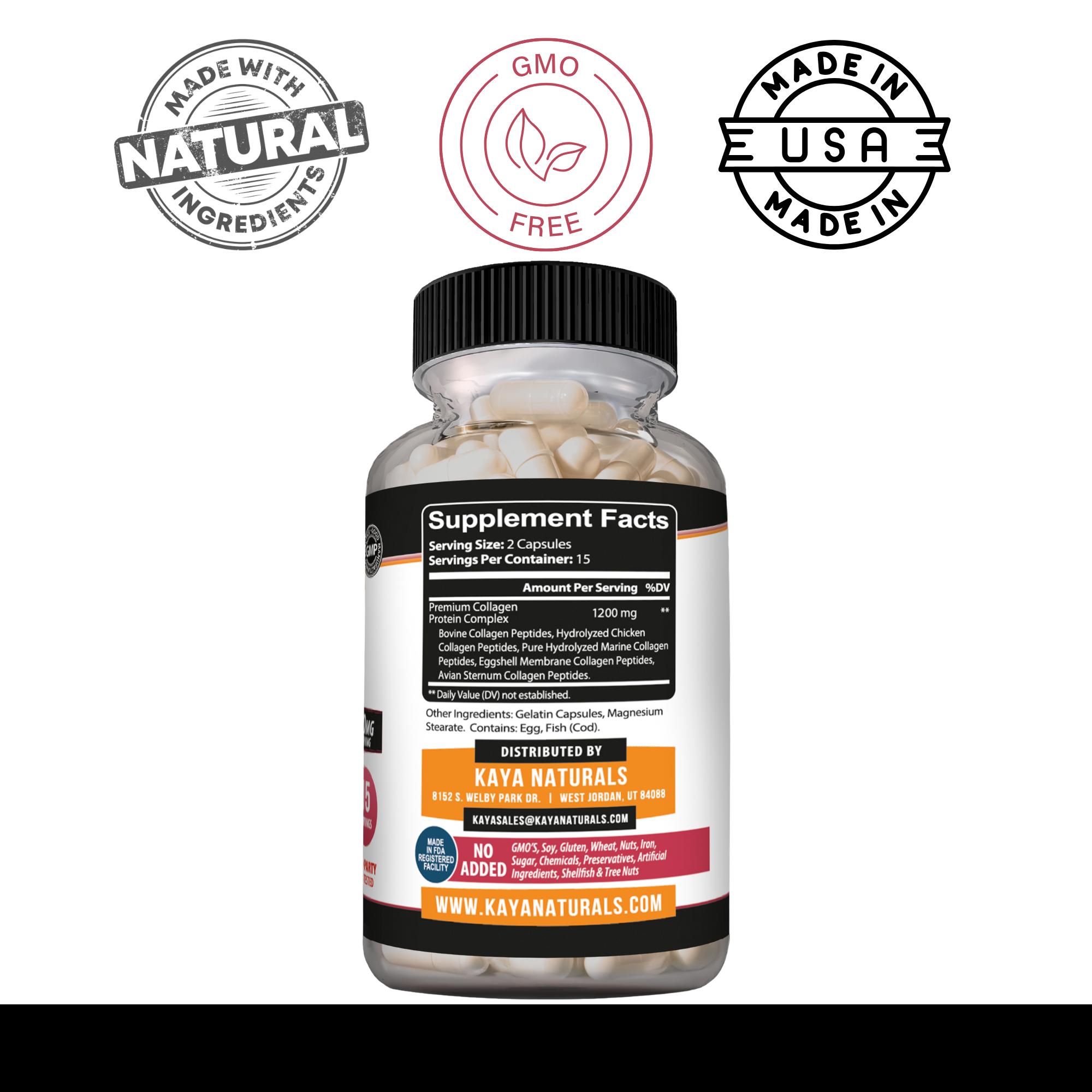 Kaya Naturals Collagen Peptides in a clear jar with a scoop, showing the supplement powder and packaging.
