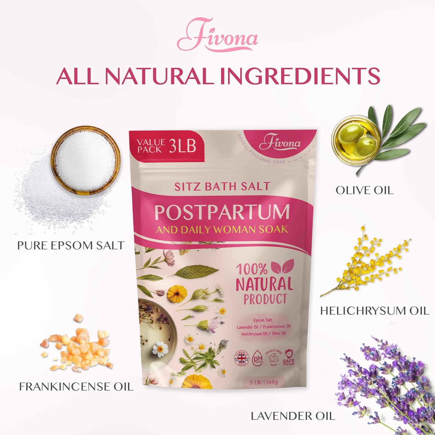 Fivona Postpartum Sitz Bath Soak Blend in 48oz jar, natural herbal blend for postpartum comfort, with dried herbs and soothing ingredients.
